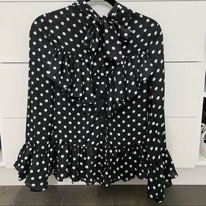 Boohoo Black and White Polka Dot Button Up Bow tie blouse